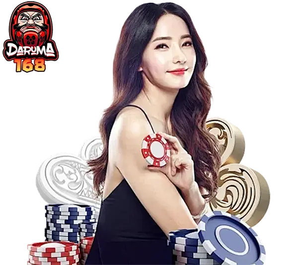 DARUMA168 คาสิโนออนไลน์ ภาพผู้หญิงพร้อมชิปและสัญลักษณ์เกมคาสิโน เล่นบาคาร่าและสล็อตได้ครบทุกค่าย ฝากถอนออโต้รวดเร็ว