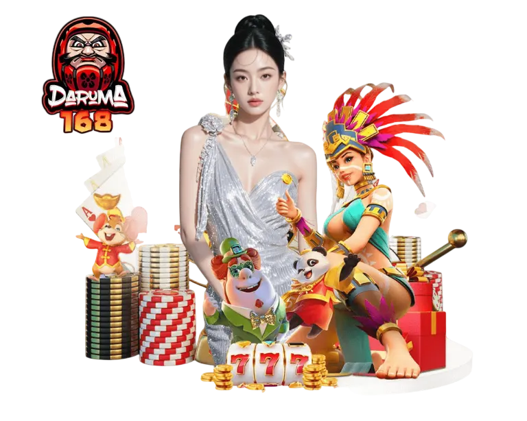 DARUMA168 คาสิโนออนไลน์ ภาพผู้หญิงพร้อมชิปและสัญลักษณ์เกมคาสิโน เล่นบาคาร่าและสล็อตได้ครบทุกค่าย ฝากถอนออโต้รวดเร็ว